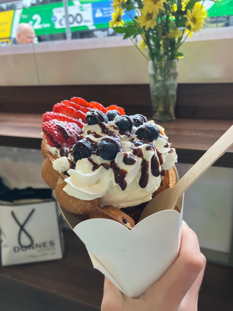 Ice cream in bubble waffles from Ireland, crepes from Paris, and Belgian waffles from Brussels